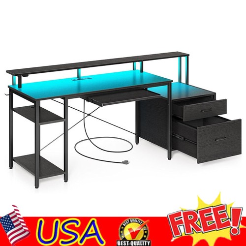 Computer Desk Gaming Desk w/ LED Light & Power Outlets Home Office Desk