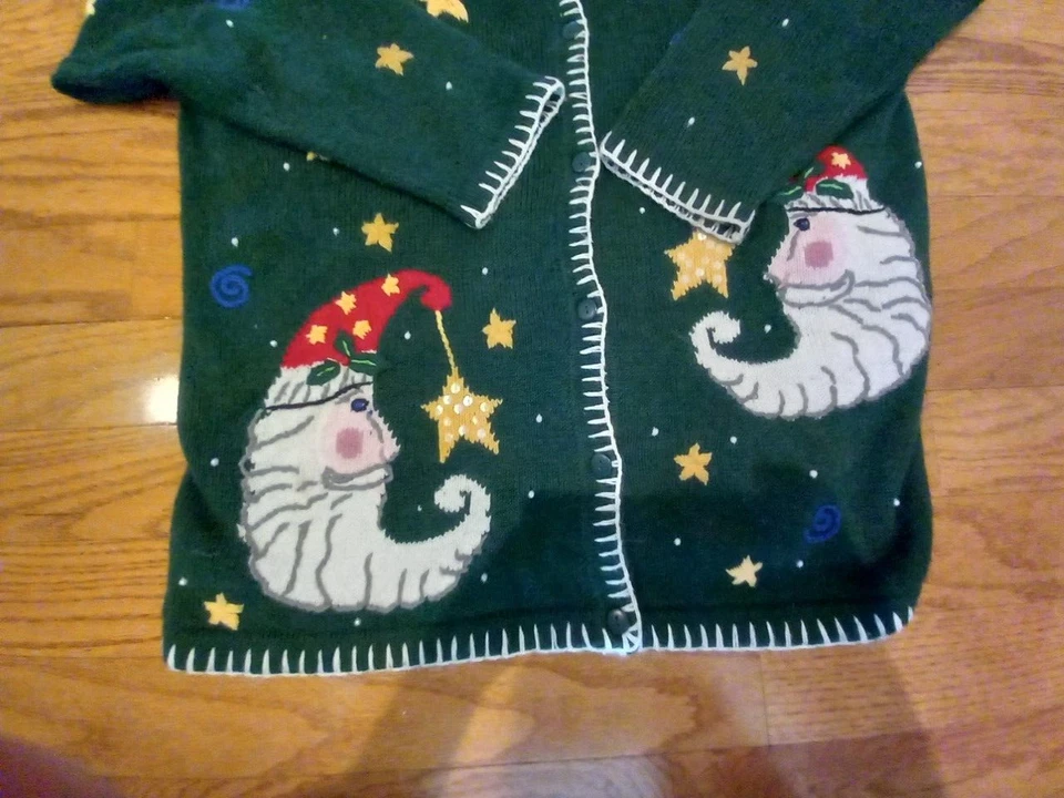 Christmas Sweater Women L Green Santa Moon Angora Lamb Wool Quacker Factory - Image 3 of 4