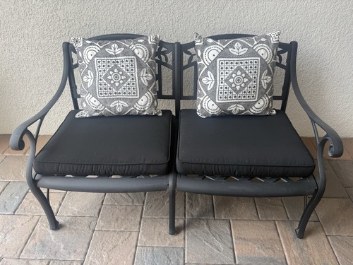 Black Metal Outdoor Garden Bench With Arms & Backrest, Two-Seat