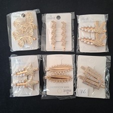Hair Clips 6 Pair/12 Pcs/-- Rhinestone Gold Tone Metal .