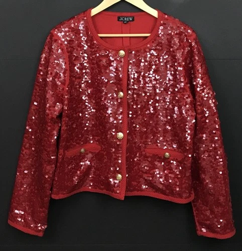 NEW J. Crew Red Sequin Mariner Jersey Lady Jacket Gold Crest Buttons Size XXL