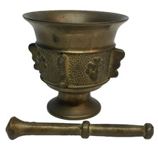 Vtg Antique Solid Brass Ornate Flower Faces Urn Mortar Pestle Grinder 2.5" Tall