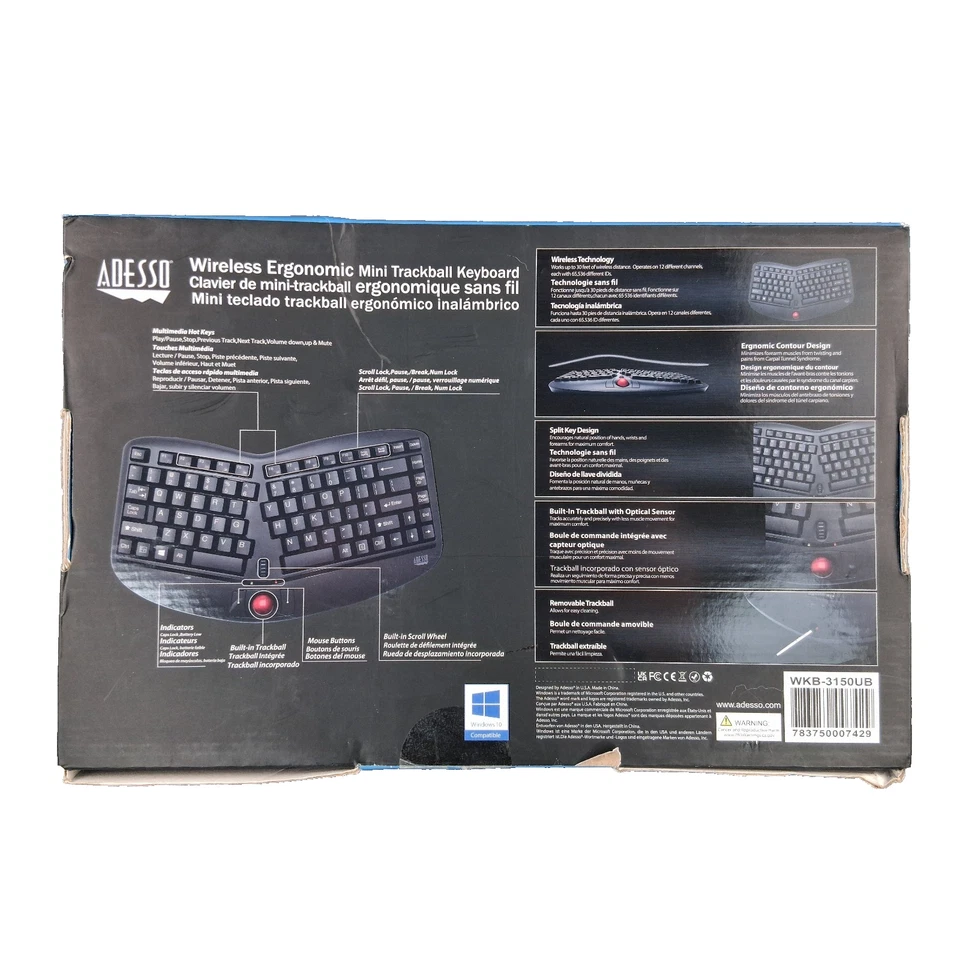 Adesso WKB-3150UB Wireless Ergonomic Keyboard with Built-in Removable Trackball - Image 4 of 4
