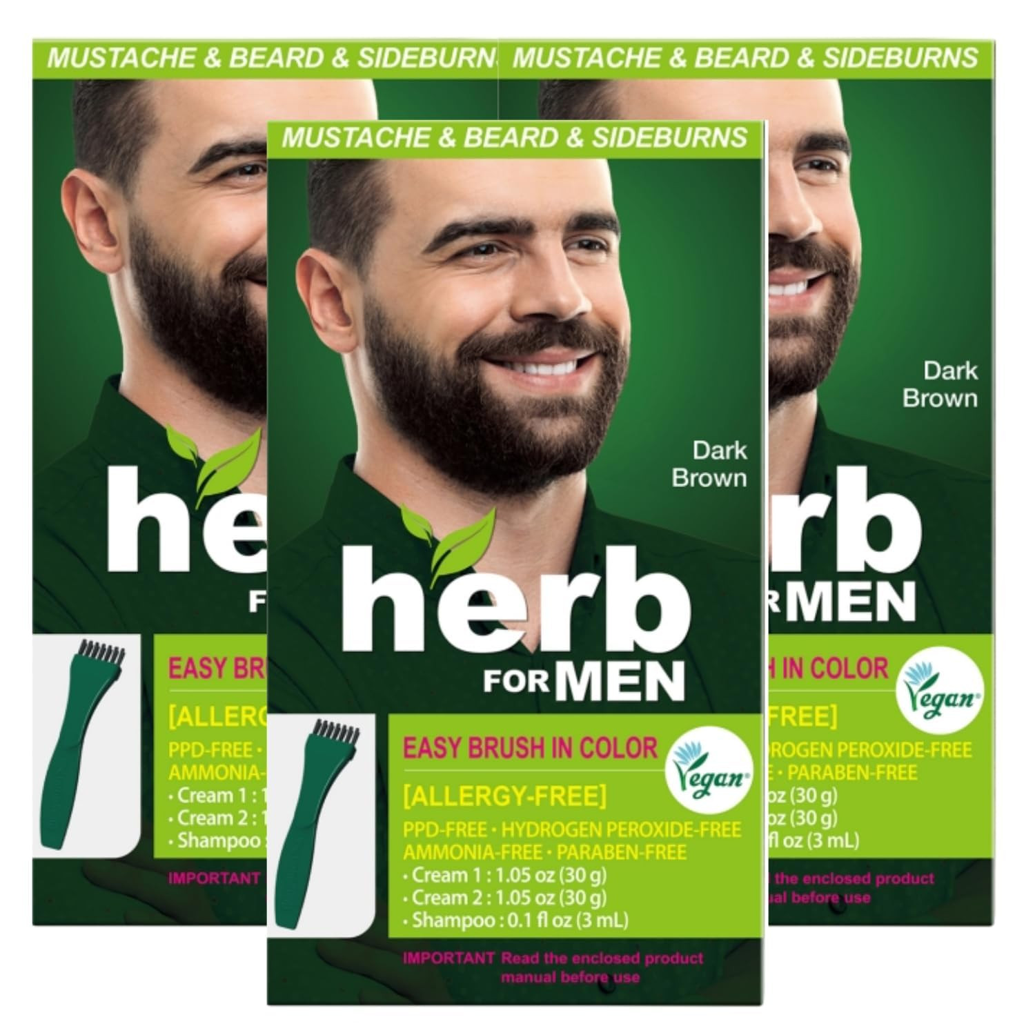 Herb for Men Mustache & Beard Dye, Dark Brown, 3 Pack, Ppdfree Ammoniafree, V..