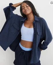 Aerie Lumberjane Shirt Women’s XXS Oversized Waffle Button-Front Blue NWT