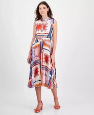 Tahari ASL Printed Pleated Midi Shirtdress 12 Multicolor Sleeveless Summer NWT