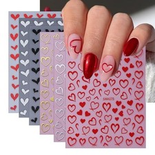 6 Sheets Heart Nail Art Stickers 3D Self-Adhesive Nail Decals Gold heart love