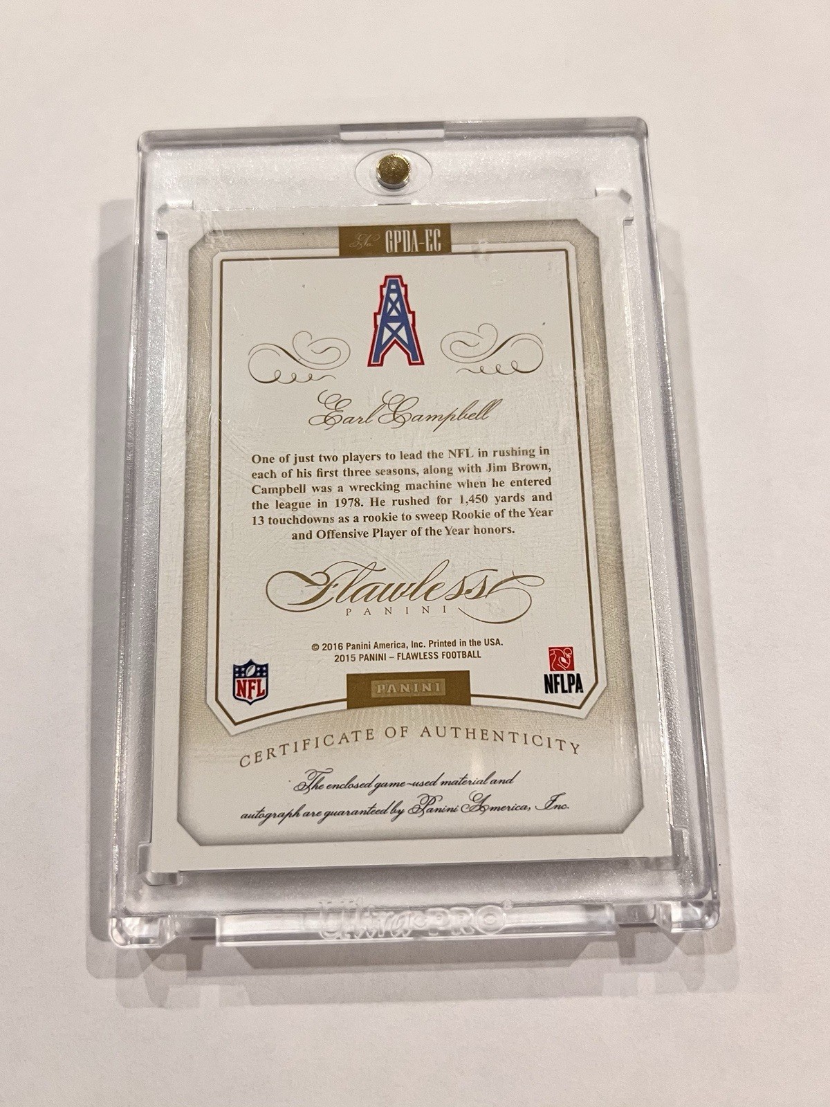 2015 Flawless Greats Dual Jersey Patch Auto Earl Campbell Emerald /5 Game Used view 2