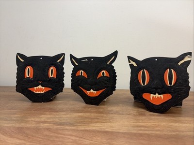Set of THREE Vintage Halloween Howling Black Cat Embossed Die-Cut Beistle Co