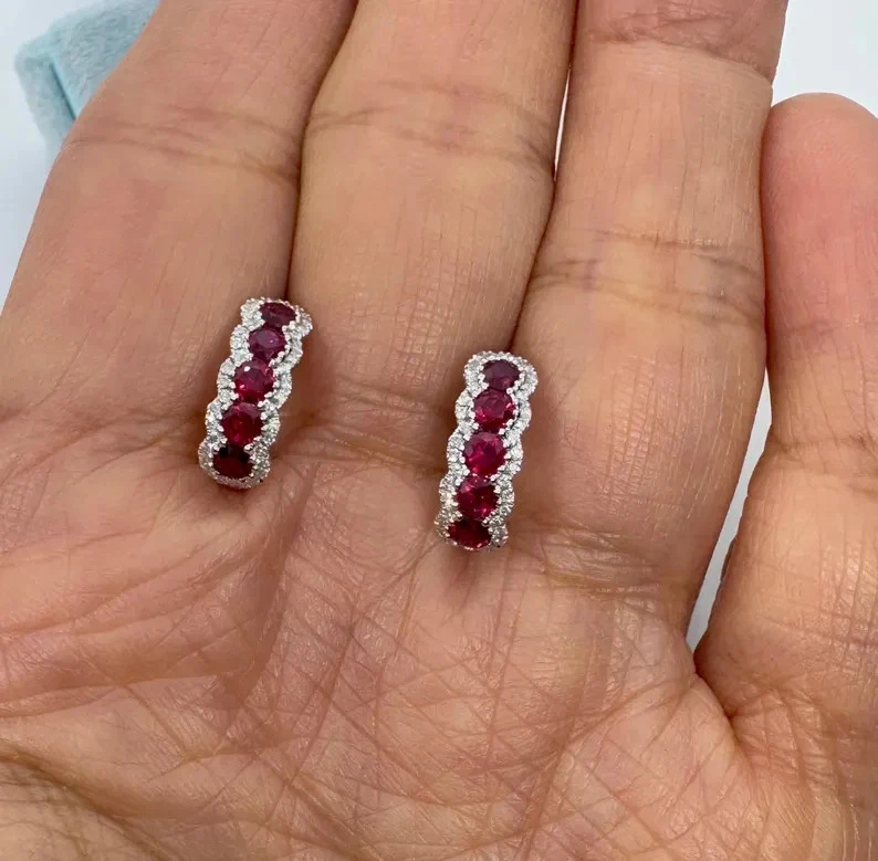 1.20Ct Round Cut Lab-Created Red Ruby Huggie Hoop Earrings 14K White Gold Plated - Image 2 of 4