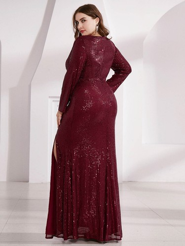 Women's Plus Size Shiny V Neck Sequin Long Sleeves Evening Dress - 第 4/30 張圖片
