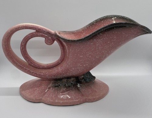 VTG Hull Pottery W10-11” Woodland Style ROYAL Cornucopia Gloss Pink Black Vase - Picture 3 of 8