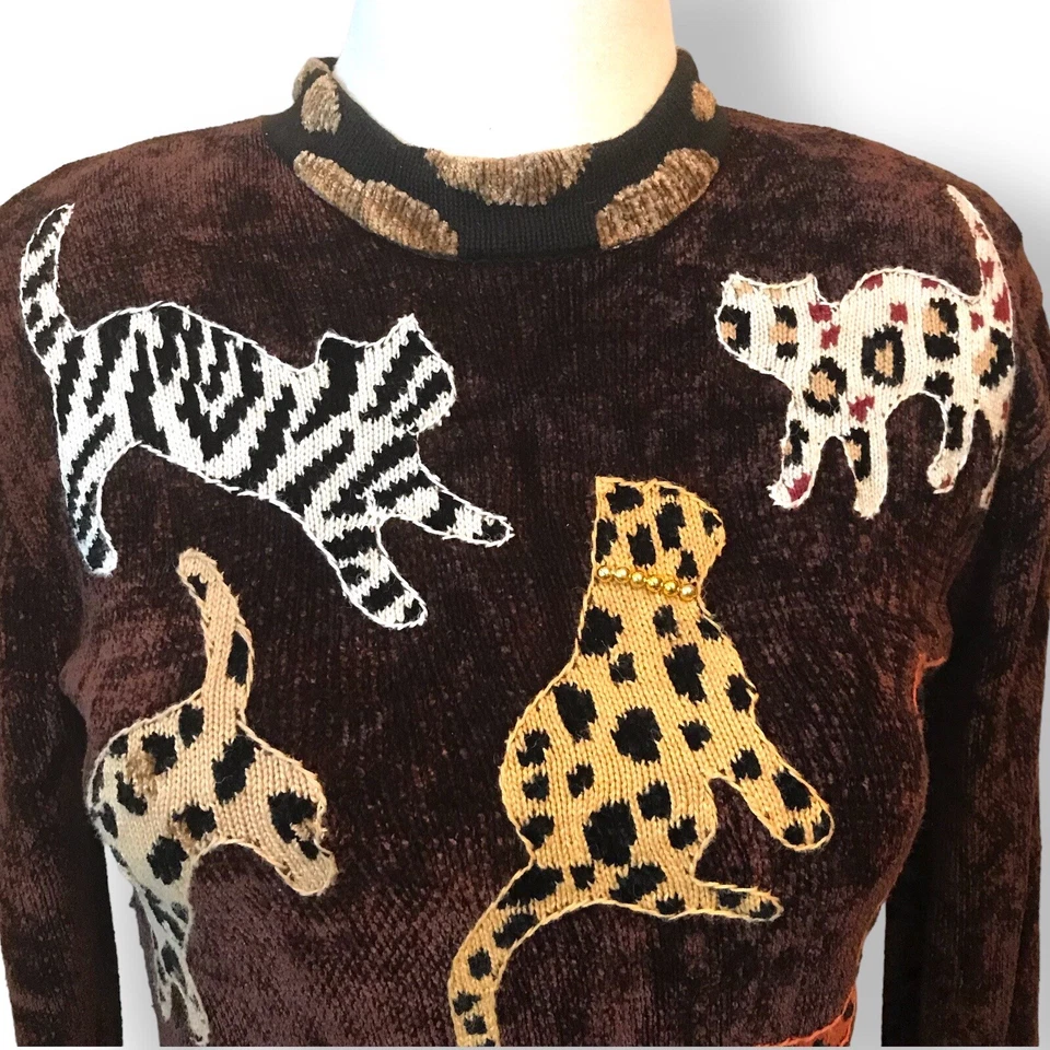 Suéter De Colección Berek Mujer Gato Imitación Piel Animal Estampado Chenilla Negro Marrón Talla XL Foto 2 de 4
