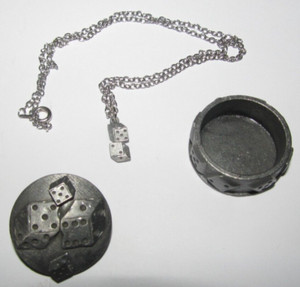 Vintage Dice Lapel Pin Tie Tack Pinback Necklace Earrings Pewter Holder Vegas