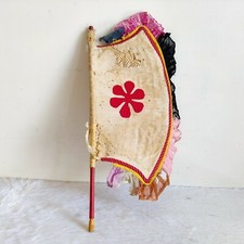 Vintage Handwoven Multicolor Fabric Hand Fan Lacquered Wooden Stick HF10