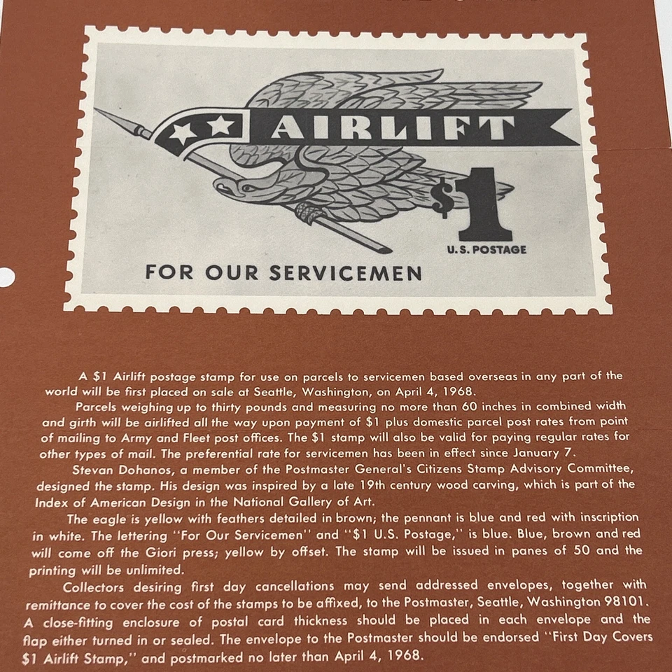 1968 $1 Airlift For Our Servicemen Commemorative Postage Stamp FDC Advertising - Image 3 of 4