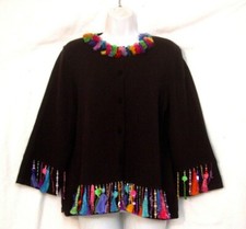Michael Simon TASSELS Women's Sz L Cardigan Sweater 3/4 Sleeve Black