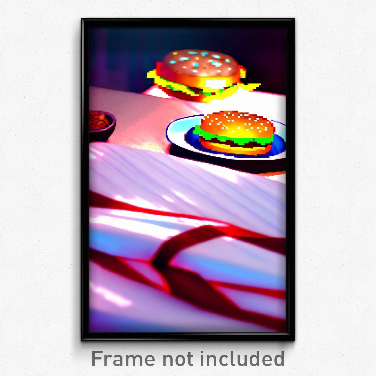 Pixel Art Poster - Dangerous Hamburger (8 Bit Psychedelic Video Game Print)