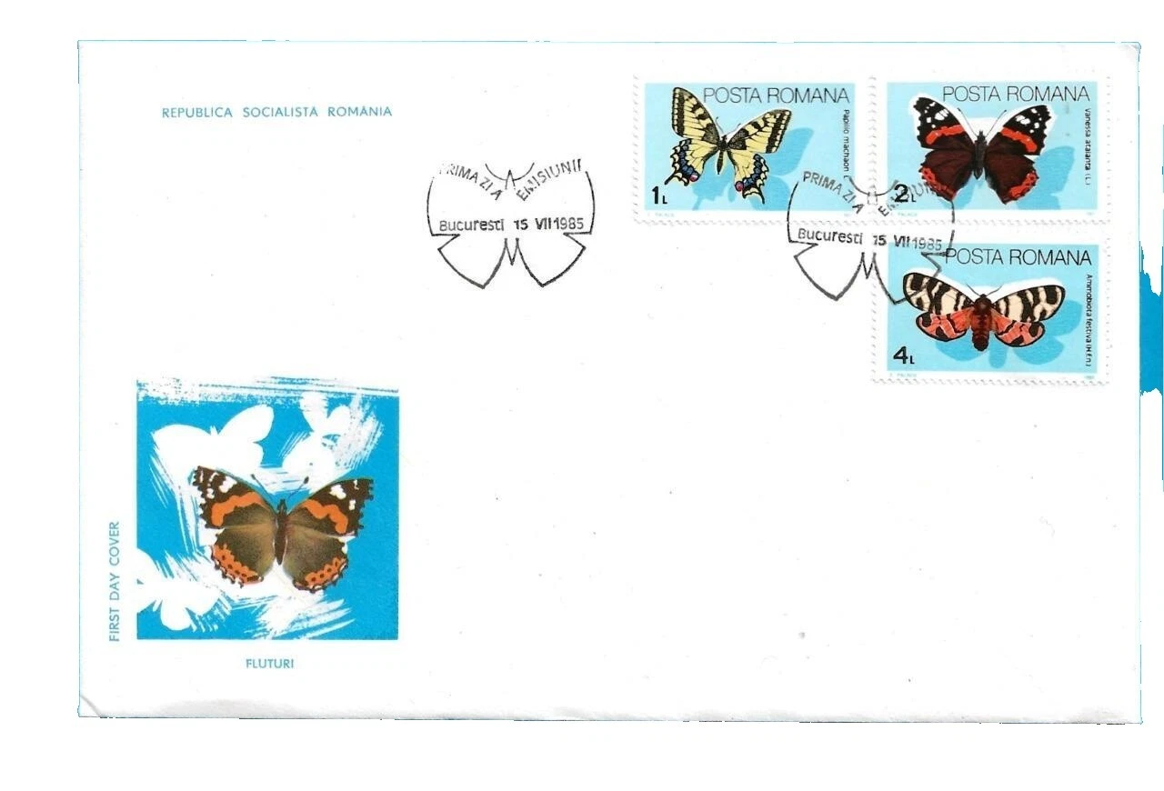 Mariposas Sellos rumana sobre de Primer Día