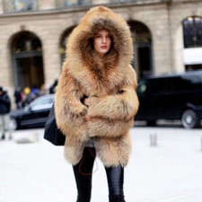 90cm Women Real Whole Skin Fox Fur Hood Knee-Length Overcoat Natural Fur Jacket
