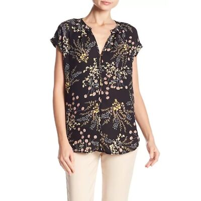 Philosophy Republic Clothing Short Sleeve V Neck Floral Print Blouse Black Small