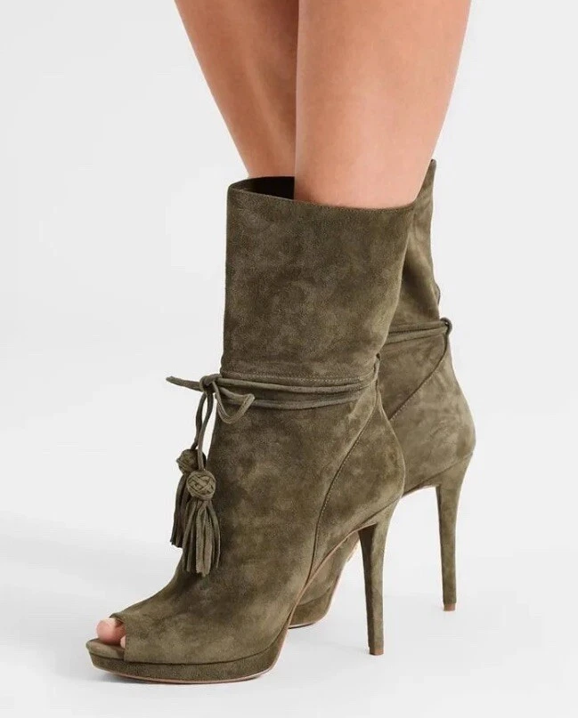 Michael Kors Rosalie Open Toe Bootie Sz 6.5 Suede Olive Green Heel Tassels FLAW - Image 2 of 4