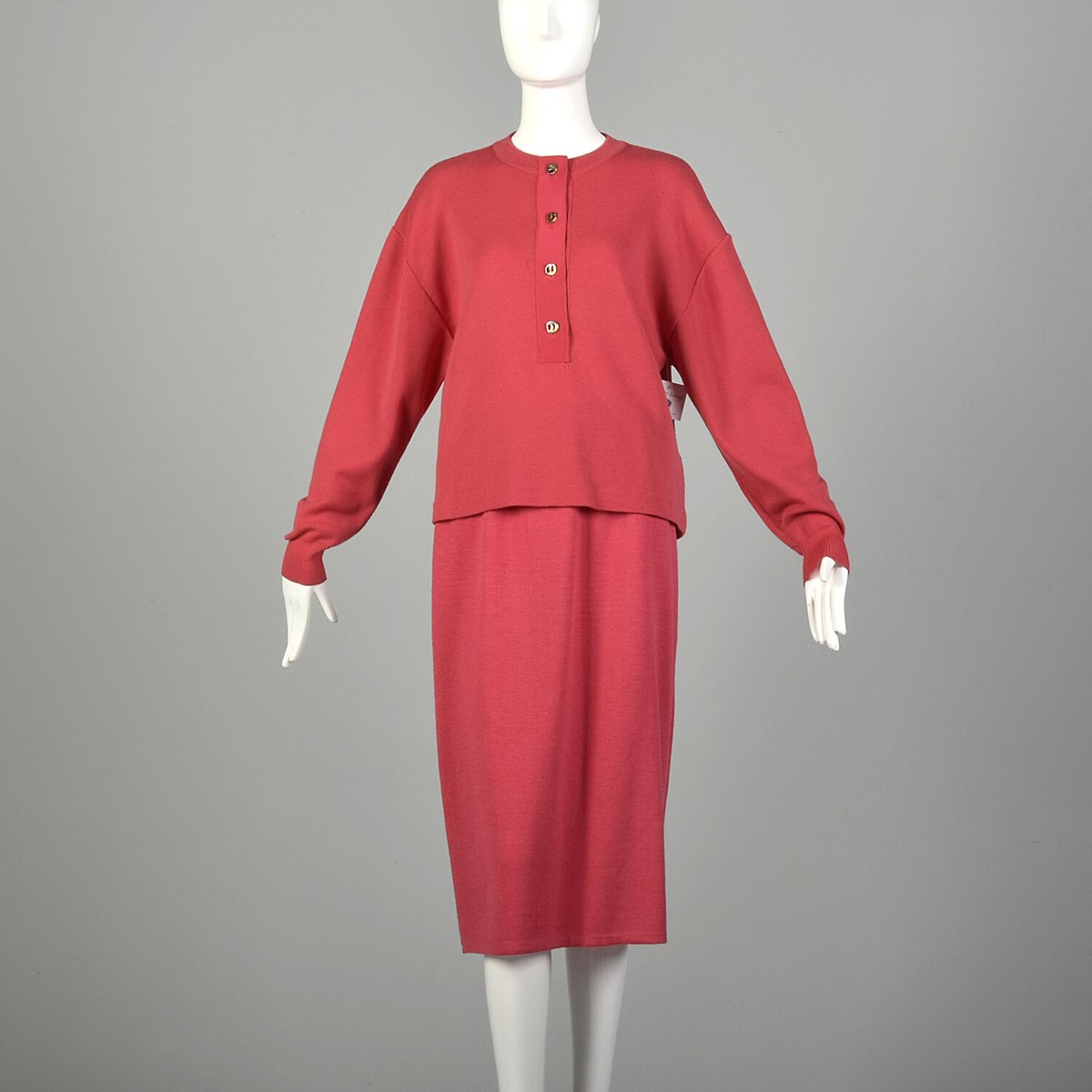 Large 1980s Ferragamo Knit Two Piece Set Pink Sweater Separates  