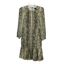 J Crew Dress Women's XS Ivory Green Snake Print Long Sleeve Smocked Waist New