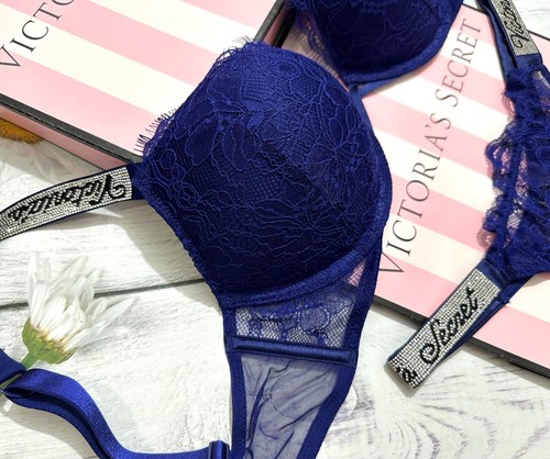 Victoria's Secret Shine Strap Bombshell Push Up Bra 3 pcs Set Garter Night Ocean - Picture 6 of 8