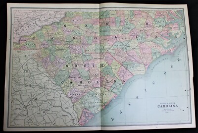 CRAM'S ATLAS MAP PAGE OF NORTH & SOUTH CAROLINA FLORIDA ALABAMA 1890 VINTAGE