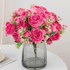 3 Bunches Artificial Flowers, Silk Fake Peonies Faux Hot Pink Artificial Flow...