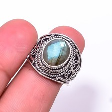 Natural Labradorite 925 Sterling Silver Bali Ring S.7, Christmas Gift R22313
