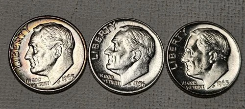 3 bu roosevelt Silver Dimes 1956-D, 1963-D, 1963-D 90% Silver, See Pictures