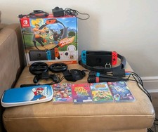 Nintendo Switch Console Bundle Ring Fit Adventure+Mario Kart Wheels+Mics+4 Games
