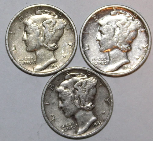 (3) Mercury Dimes - 1941D 1941P 1941S - VF/XF - #0474ED - FREE SHIPPING
