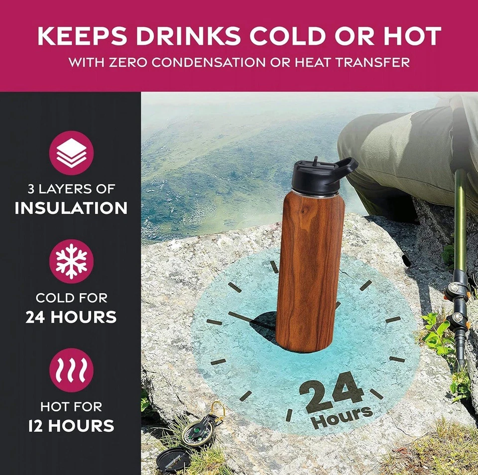 Triple Insulated Stainless Steel Water Bottle with Straw Flip Top Lid 750ml - Image 2 of 4