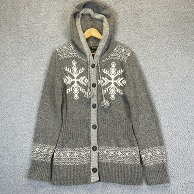 Eddie Bauer Hoodie Cardigan Sweater Tassels Nordic Fair Isle Size Medium Gray