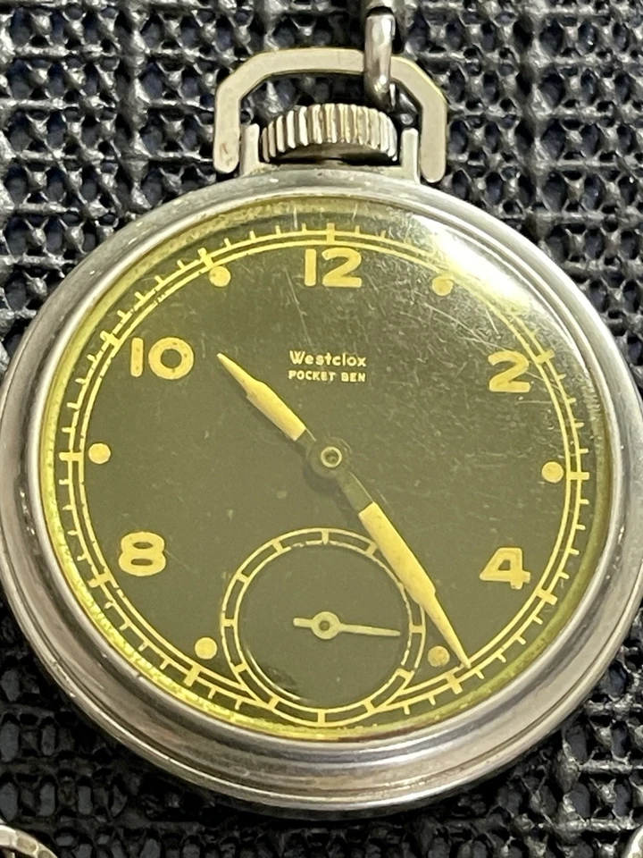 Vintage Westclox Pocket Ben Black Dial Pocket Watch w/ Chain Works - Image 2 of 4