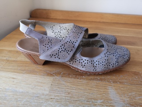 Rieker Shoes floral perforated Sling Back Beige Leather Heels Size 5 UK 38 EU - Picture 22 of 22