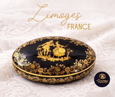 Limoges France Cobalt Blue Gold Courtship Oval Trinket Box 5''x4''x2'' Rococo