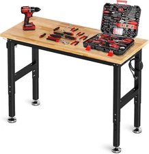 TLGREEN 48" Adjustable Work Bench with Power Outlet, Rubber Wood Top Work Table,