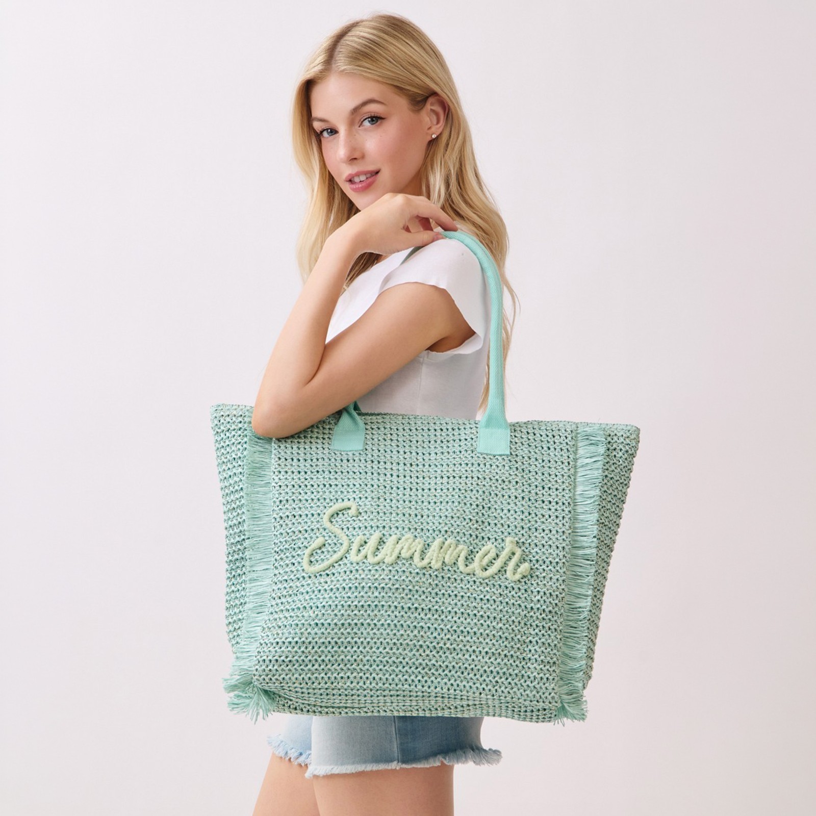 Bolso de Mano ScarvesMe Mujer Playa VERANO Letra y Lúrex Dorado Tejido Paja Flecos