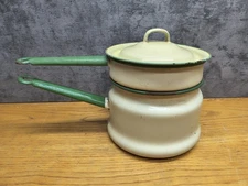 Vintage Enamelware Double Boiler Cream Green Trim Circa 1930's - 40's Lid 3 Pcs