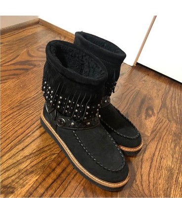 COACH ROCCASIN Boots Fringe Studded Black Suede Shearling Moccasin US 7 NEW