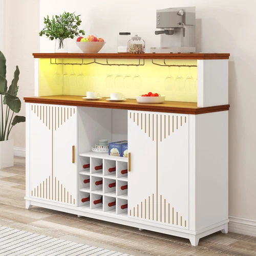 55" Coffee Bar Cabinet with LED Lights Glass Rack Liquor Storage Sideboard Home