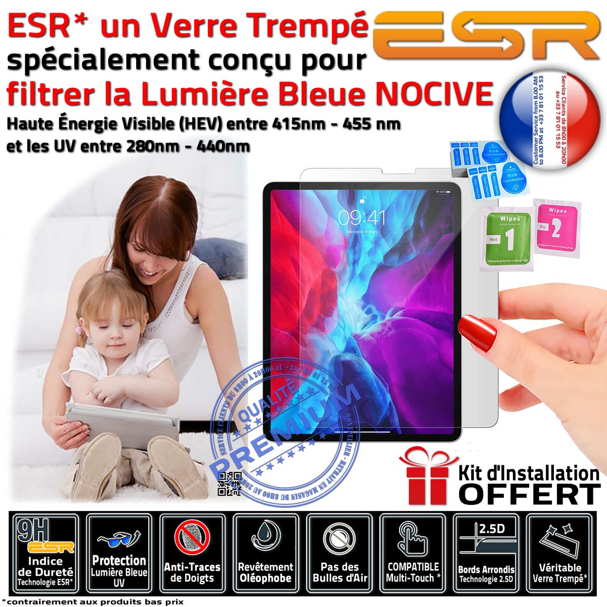 Protection écran Verre Trempé Anti-lumière Bleue Pour IPad Air 6 (2018) A1893/A1954 - ESR