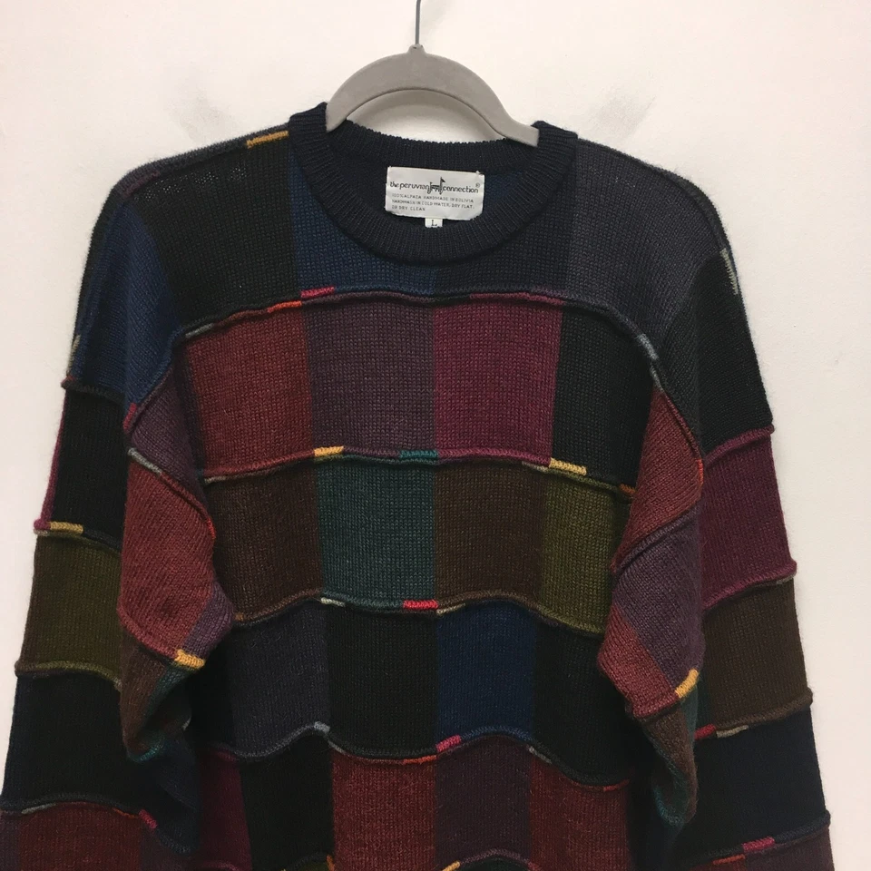 Peruvian Connection Mens Multicolor Vintage Patchwork Alpaca Handmade Sweater L - Image 2 of 4