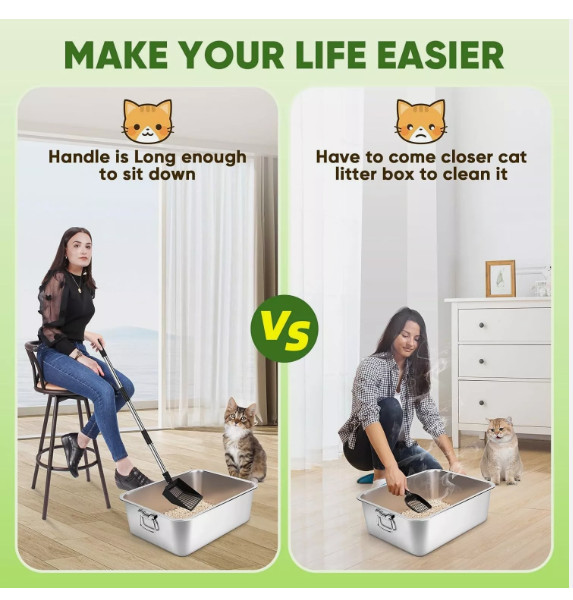 Long Handle Cat Litter Scoop Detachable & Adjustable Metal Scooper with