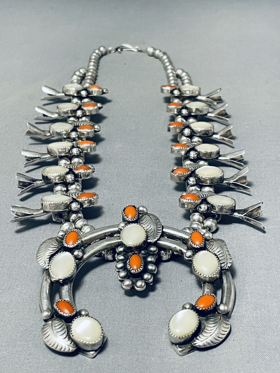 Beautiful Rare Vintage Native American Navajo Coral Sterling Silver Squash Blossom Necklace Beautiful Rare Vintage Native American Navajo Coral Sterling Silver Squash Blossom Necklace