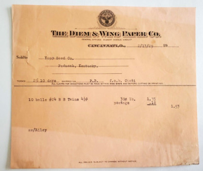 1929 Invoice, The Diem & Wing Paper Co., Cinncinnati, Ohio, Yopp Seed Paducah KY